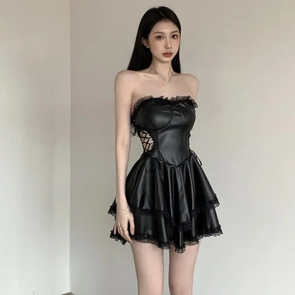 Stylish gothic black party dress for women with lace details and flared skirt