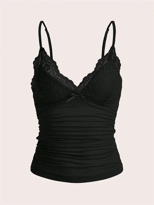 Sexy Contrast Lace Bow Front Crop Cami Top Women 2025 Summer Grunge Punk Y2K Clothes Ruched Skinny Backless Tee Shirt