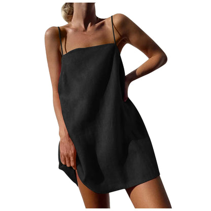 Summer Dresses Women Linen Vacation Cute Spaghetti Strap Fashion High Waist Backless Pockets Casual Summer Beach Dress