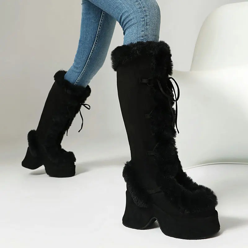 8CM Chunk Heels Winter Warm Knee High Boots Women Snow Short Plush Platform Boots Faux Fur Cosplay Lace-up Long Shoes Size 34-43
