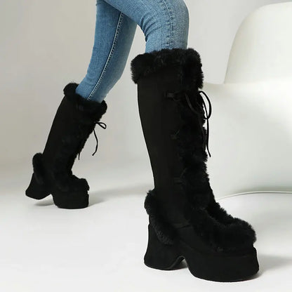 8CM Chunk Heels Winter Warm Knee High Boots Women Snow Short Plush Platform Boots Faux Fur Cosplay Lace-up Long Shoes Size 34-43