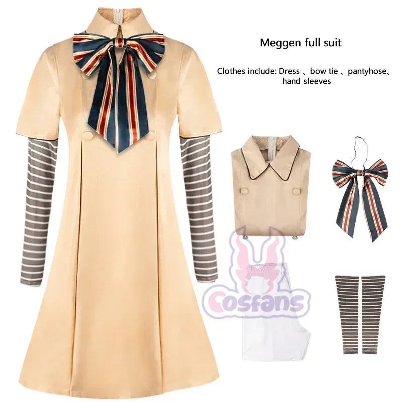 M3GAN cosplay costume for kids including dress, bow tie, pantyhose, and hand sleeves