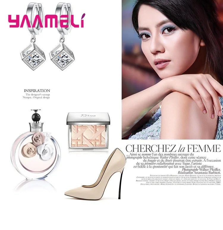 Top Sale 925 Sterling Silver Color Jewelry Gift Set Cube Cubic Zircon Necklace/Earrings/Bracelet/Ring for Wedding Engagement