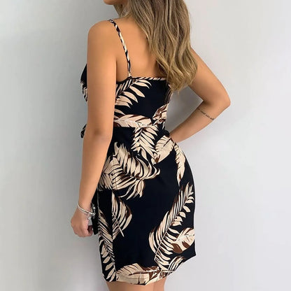 2023 New Sexy Suspender Dress Women Fashion Floral Printing Sleeveless V Neck Robe Summer Boho Tie Waist Dress Formal Dresses