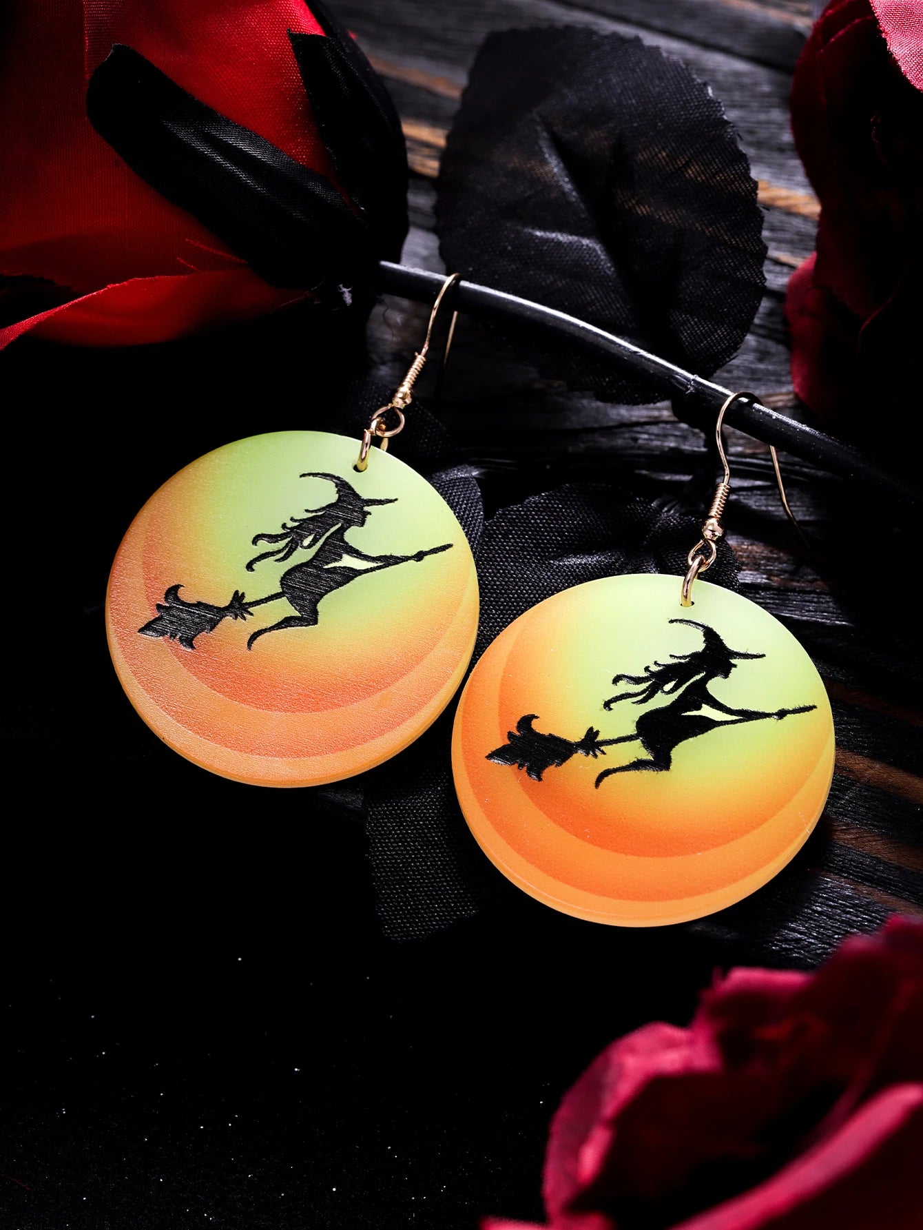 EtherealBe Halloween earrings for women with witch and bat design on colorful circular dangles
