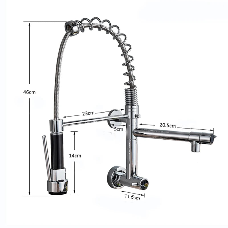 Wall Mounted Spring Kitchen Faucet Chrome Black Pull Down Sink Faucets Single Cold Water Dual Spouts Mixer 360 Rotation Crane