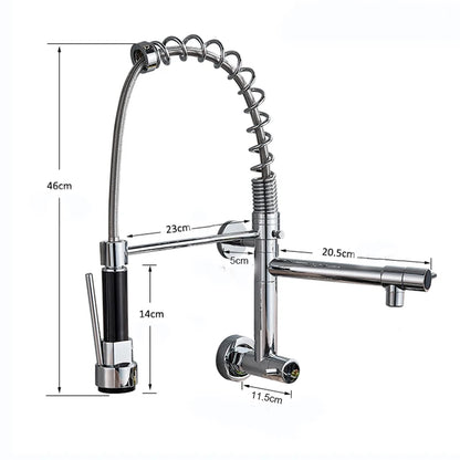 Wall Mounted Spring Kitchen Faucet Chrome Black Pull Down Sink Faucets Single Cold Water Dual Spouts Mixer 360 Rotation Crane
