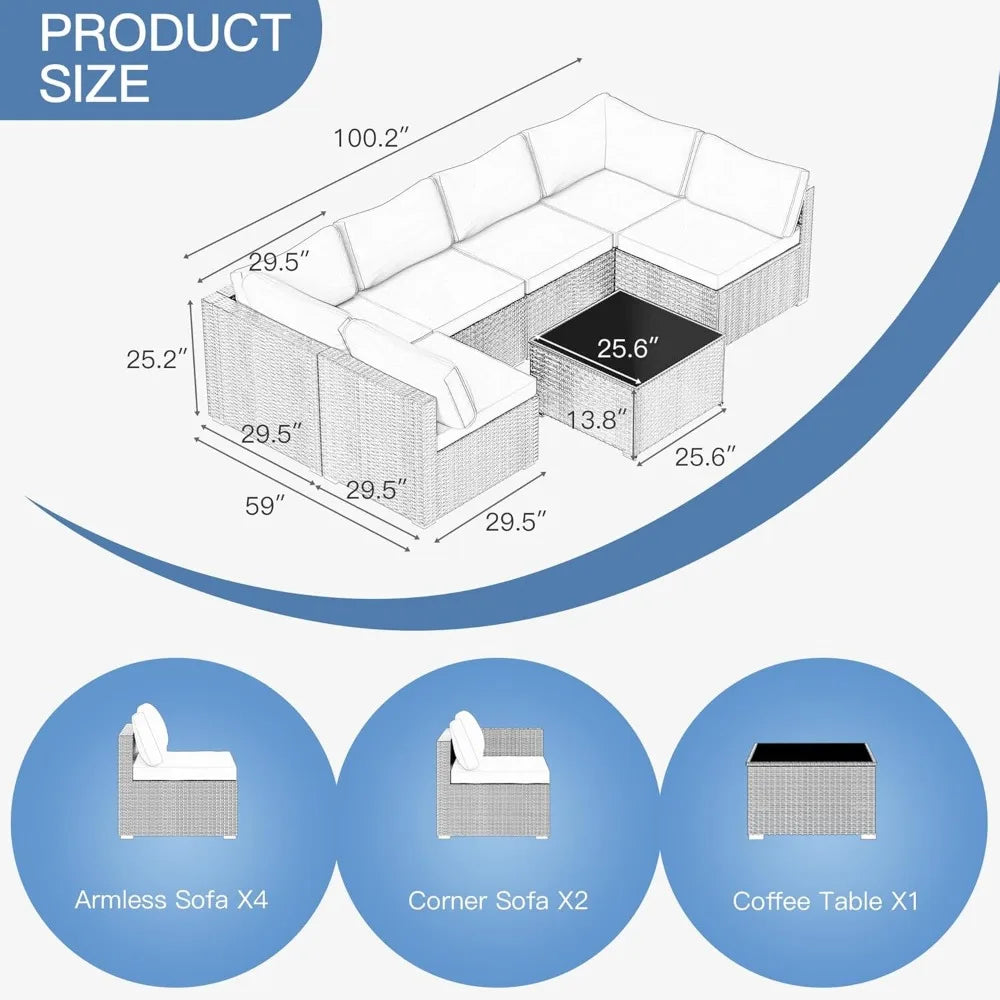 7 Pieces Patio Furniture Set - Outdoor Sectional Wicker Rattan Furniture with Cushion and Glass Table Patio Poolside Backyard