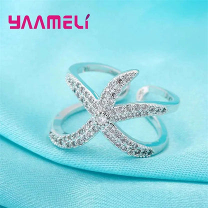 Newest Original 925 Sterling Silver Color Adjustable Ring Big Starfish Paved Shiny White Crystals Opening Rings Women Accessory