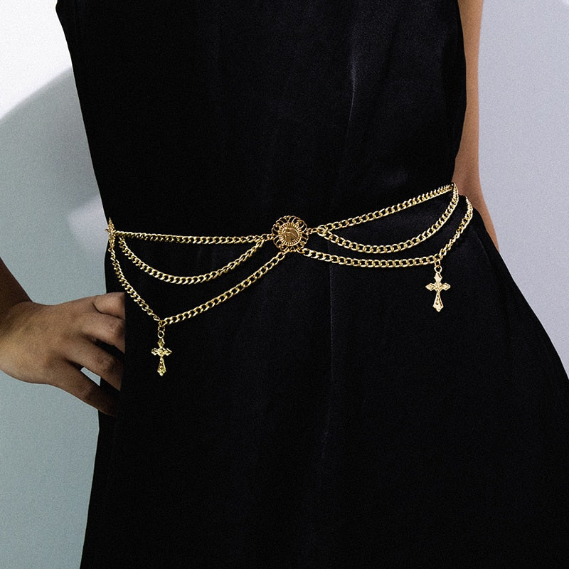 Fashion Round Brand Alloy Multi-Layer Exaggerated Body Chain 2023 New Women Queen Head Retro Street Snap Beam Party Waist Chain