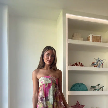 Retro Printed Strapless Long Dress Fashion Women's Sleeveless Off Shoulder Pleated Vestidos 2025 Summer Lady Beach Party Robes