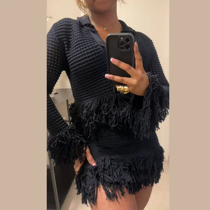 Sexy Knitted Tassel Top Skirt Women Set Dark Blue Long Sleeve Lapel Button Tops Pleated Mini Skirts 2025 Fashion Solid Lady Suit