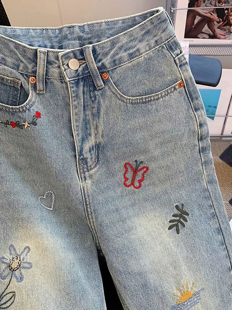 Vintage Embroidered Jeans Trousers For Women Summer 2025 New Korean Fashion High Waist Straight Retro Casual Denim Pants