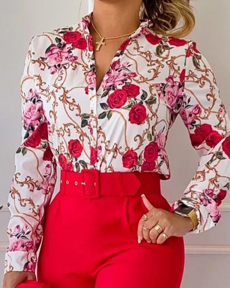 Autumn Winter Stand Neck Floral Print Long Sleeve Shirt Pants Two Piece Sets Elegant Women Casual Shirt Trousers Suits With Belt