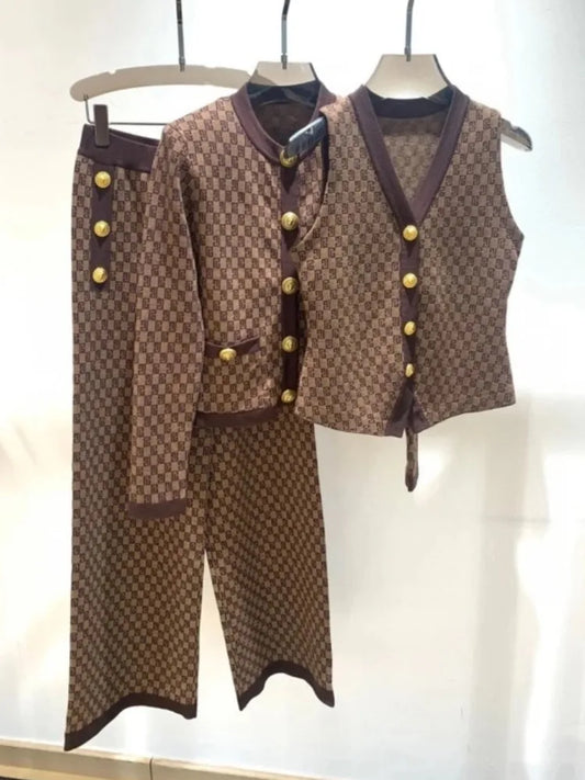 New French Style Women Pant Suit Jacquard Knit Top + Vest + Long Pant Three Piece High Quality Elegant Casual Chic Sweater Sets