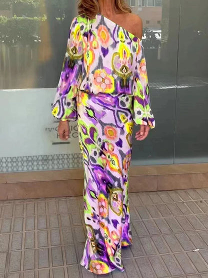Autumn Casual Loose Print Two-piece Women Off Shoulder T-shirt Asymmetrical Long Sleeved Top And Half Body Fishtail Skirt Set