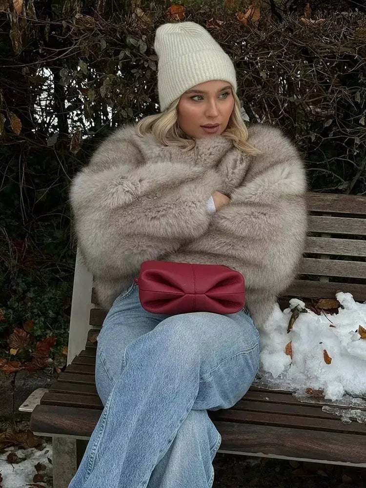 HH Women Winter Fashion Artificial Fur Effect Short Jacket Coats Female O-Neck Vintage Long Sleeve Loose Warm Top Streetwear