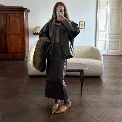 Vintage Solid Pu Leather Jacket Skirt Set High Neck Coat Slim Fit Long Skirt Coats Skirt Sets 2025 New Autumn Winter Lady Outfit