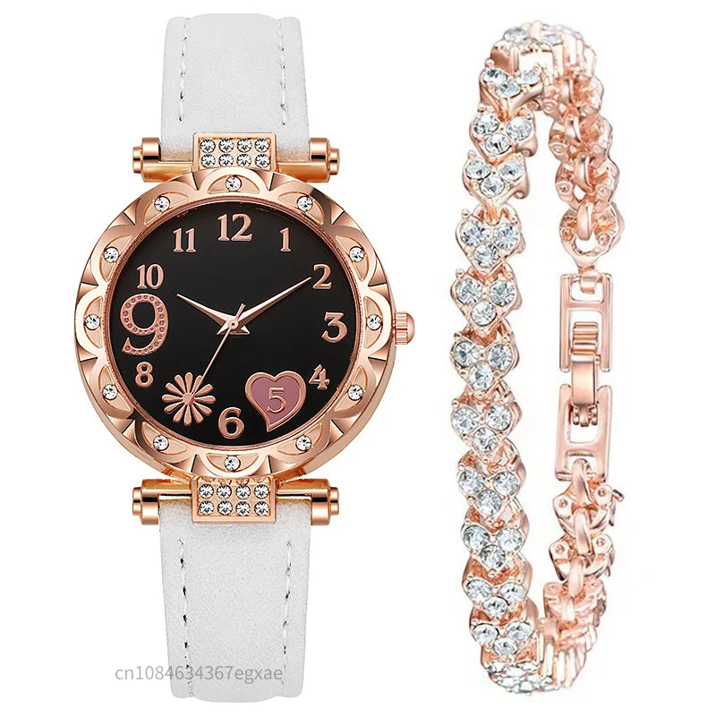 2/1PCS Fashion Heart Dial Women's Watches Luxury Leather Band Quartz Watch Rhinestone Bracelet Set Female Relogio Feminino