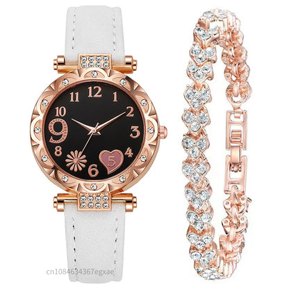 2/1PCS Fashion Heart Dial Women's Watches Luxury Leather Band Quartz Watch Rhinestone Bracelet Set Female Relogio Feminino