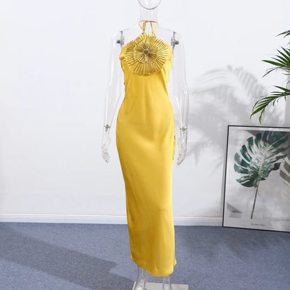 Elegant Party Women's Dress 3D Flower Halter Sleeveless Backless Mermaid Satin Female Dresses 2025 Summer Chic Evening Lady Robe