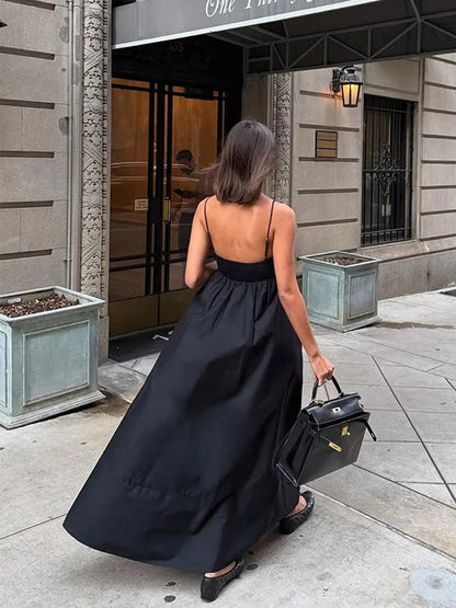 Solid Backless Spaghetti Strap Dress Women's Fashion Loose High Waist A-line Vestidos Summer Lady Holiday Street Robes 2025 New