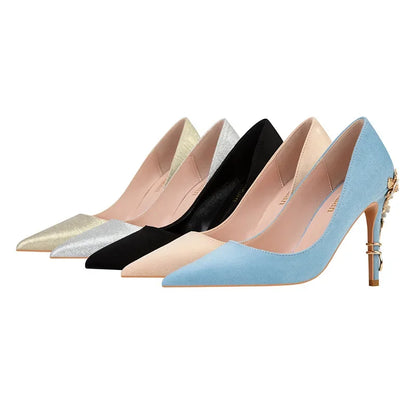Elegant blue flower embellished women's heels with stylish pointed toes and various color options