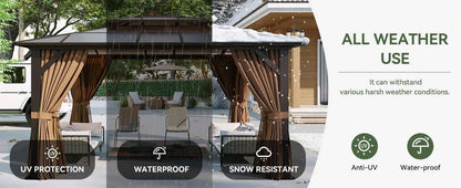 12'x14' Hardtop Gazebo, Aluminum Frame Permanent Pavilion with Curtains and Netting, Designed for Garden, Brown