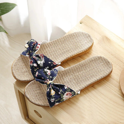 Women Summer Casual Slides Comfortable Flax Slippers Floral Bow Linen Flip Flops Platform Sandals Ladies Indoor Shoes
