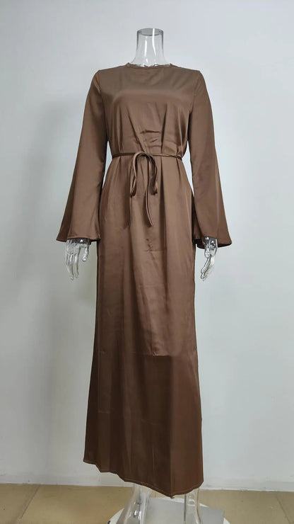 Women‘s Maxi Dress 2025 New Silk Long Round Neck Satin Flare Sleeve Lace Up Slim Skirt Evening Party Dresses Sexy Chic Robes