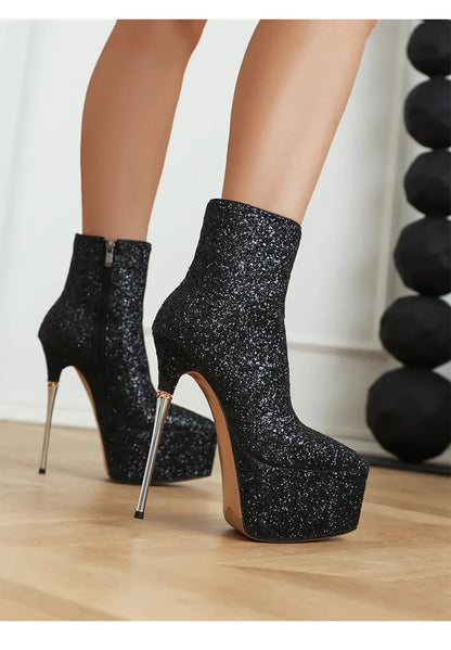 2025 New Autumn Winter Shiny Stiletto Ankle Boots Woman High Heels Glitter Bling Short Boots Women Platform Pointed Toe Shoes