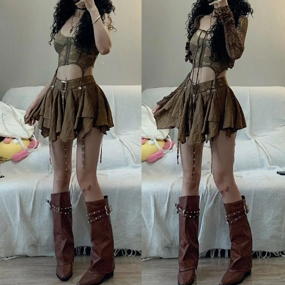 Fashion Harajuku Vintage 3 Piece Set Woman Short Cardigan + Slim Vest + Y2k E-Girl High Waist Skirt Hot Girls Korean Style Suit