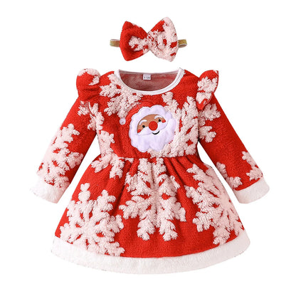 Infant Kids Girls Christmas Children's Long Sleeved Plush Santa Claus Embroidered Dress Dress+Headband Costumes Party Dresses