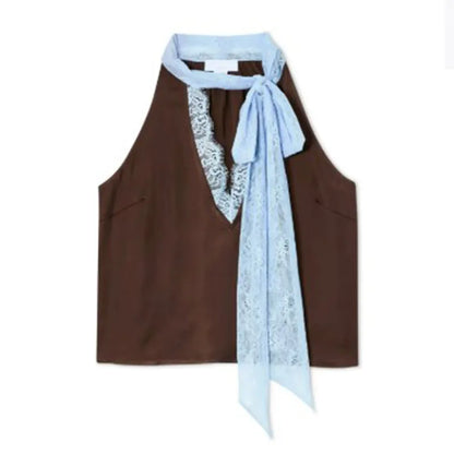 Contrast Patchwork Lace Maxi Skirt Suit Women Satin V-neck Sleeveless Skirts Suits 2025 Lady Summer Casual Daily 2 Pieces Set