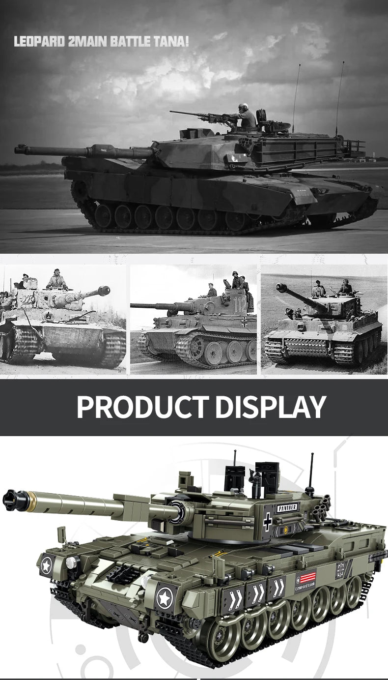 WW2 Military Leopard 2A4 Battle Tank Series Building Blocks Brick Model MOC Army Weapon Boy Set Kid Toy Childrens Christmas Gift