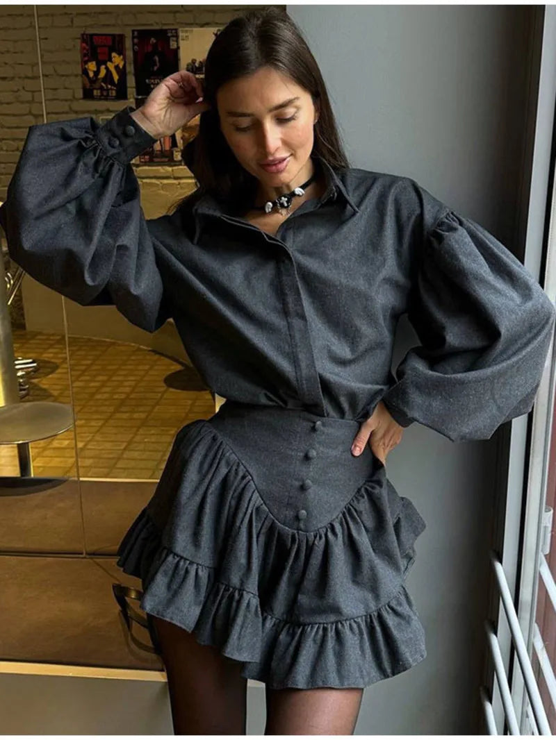 Plaid Print Shirt Ruffles Skirts Set Women Elegant Lapel Button Up Tops Loose Mini A-line Skirt Spring New Lady Chic Outfit LK9Q