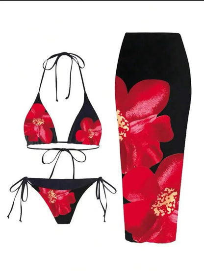 Sexy Print Three-piece Swimsuit Set Charms Lilies Limited Edition Bikini Set Attractiveness Sensuality Fashionable Women's Wear