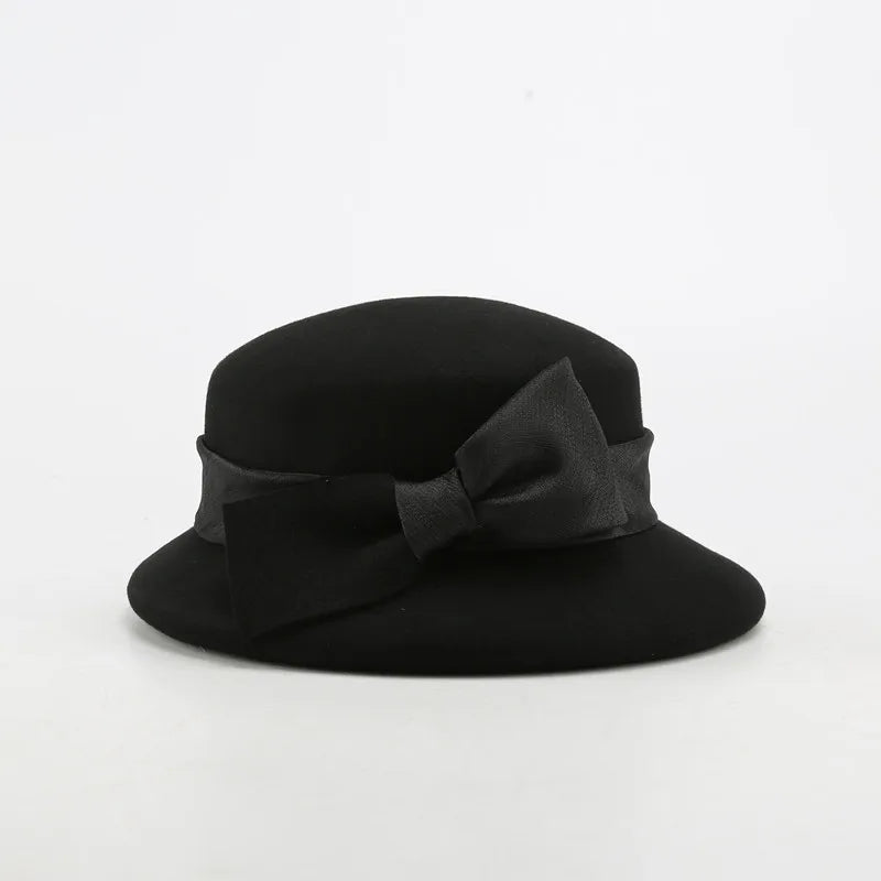 FS Fashion Warm Wool Felt Women's Fedoras Simple Chic Hats Bowknot Bucket Cap Ladies Top Hat Vintage Caps For Women