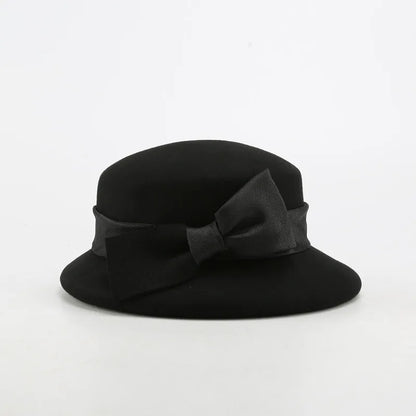 FS Fashion Warm Wool Felt Women's Fedoras Simple Chic Hats Bowknot Bucket Cap Ladies Top Hat Vintage Caps For Women