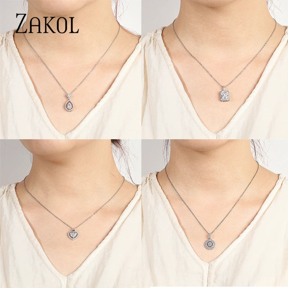 ZAKOL Simple Round Zirconia Pendant Necklaces for Women Shiny Crystal Fashion Party Dress Jewelry