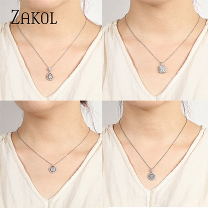 ZAKOL Simple Round Zirconia Pendant Necklaces for Women Shiny Crystal Fashion Party Dress Jewelry