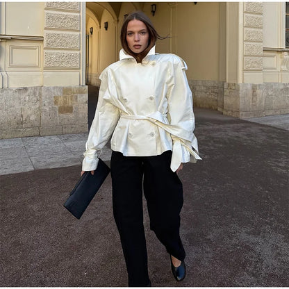 Belted Waist Cropped Trench Double Breasted Stand Collar 2025 Autumn Chic Elegant Women Coat Casual Vintage Office Lady Jacket