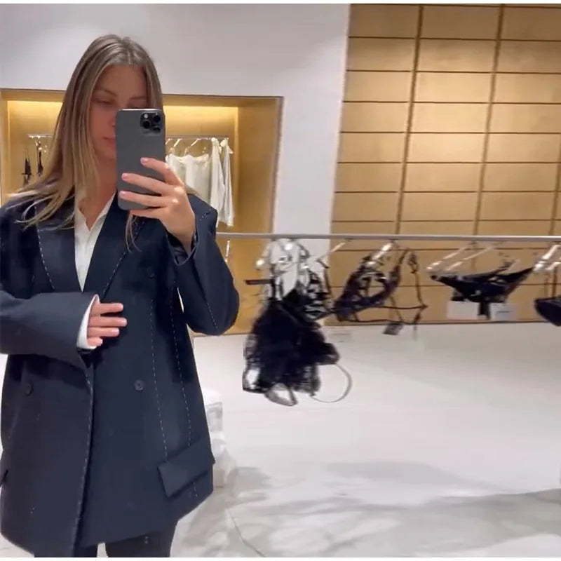Casual Loose Women's Blazer Pant Suits Lapel Doube-Breasted Top Straight Pants Lady Set 2025 Autumn New 2 Pieces Set Women