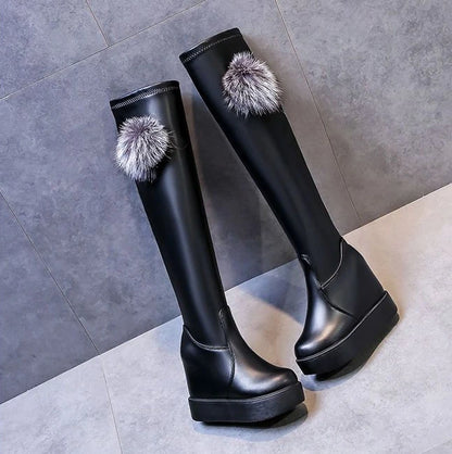 Knee Thigh High New In Women's Boots Genuine Leather Fur Long Shoes for Women Winter 2025 Wedges Chunky Platform Heeled Black