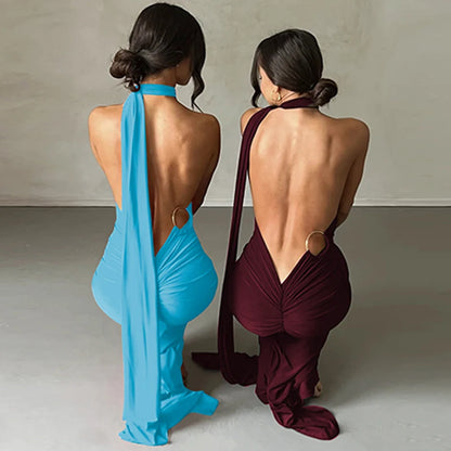 Hugcitar One Shoulder Backless Adjustable Scarf Loop Ruched Sexy Maxi Dress 2025 Women Elegant Y2K Streetwear Festival Outfit