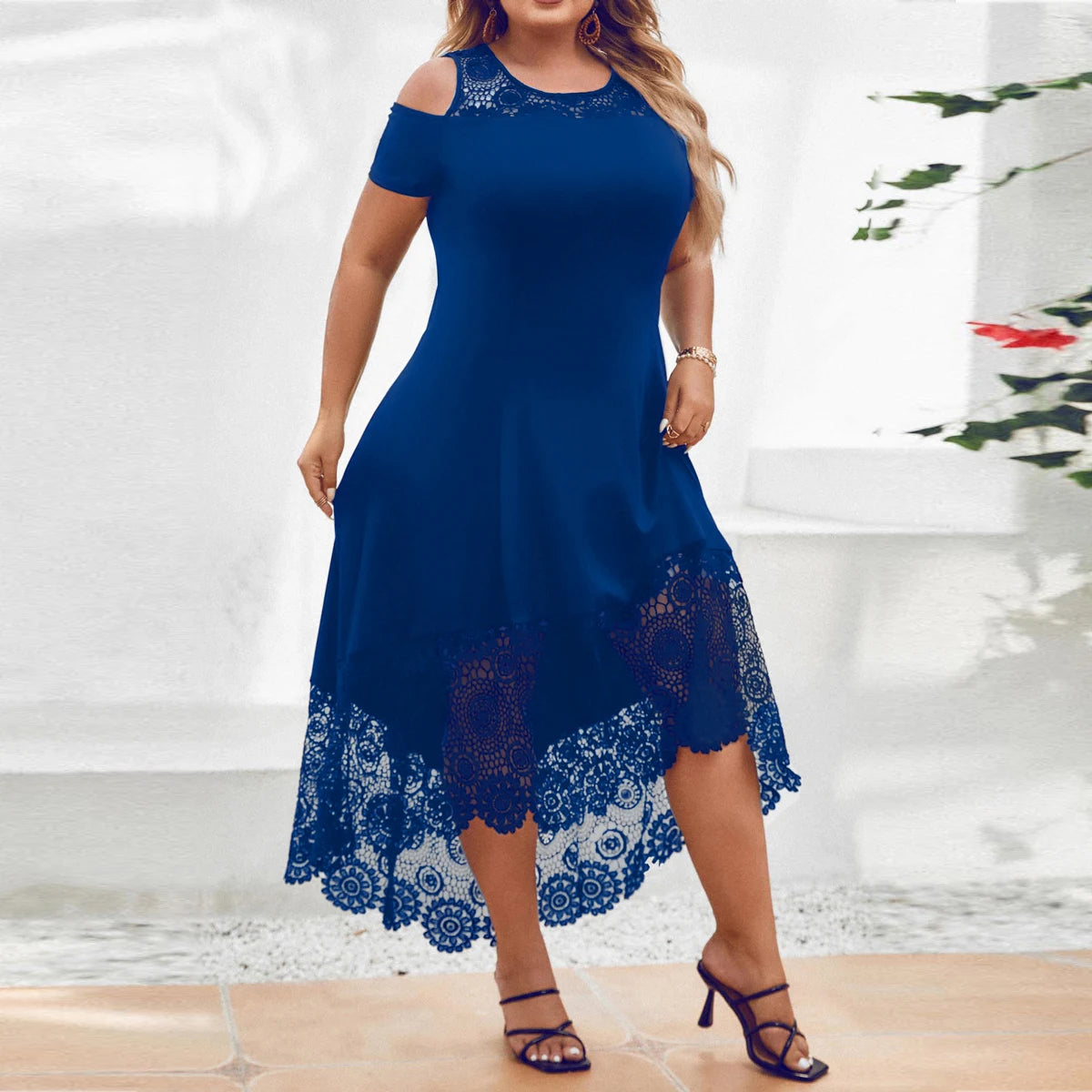 Plus Size Women' Solid Elegant Lace Spliced Cold Shoulder Midi Dress Summer Ladies Banquet Party Cocktail Sundress Size 0XL-5XL