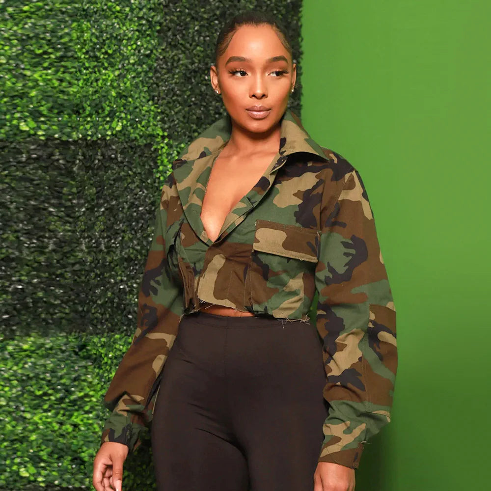 Women's Clothes Coats Casual Fashion Camouflage Print Large Pocket Lapel Long Sleeve Short Jacket for Women