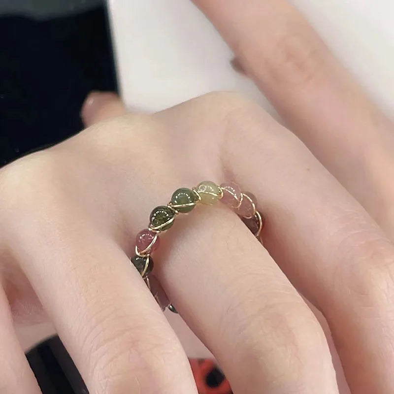 Natural Stone Rainbow Rings Fashion Retro Handmade Metal Wire Winding Beaded Open Adjustable Ring Female Charm Jewelry Gifts