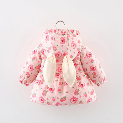 Winter Girls' Cotton Jacket, New Cute Children's Clothing, Solid Color Printed Girls' Cotton Jacket, Rabbit Ear Hooded Bag Gift
