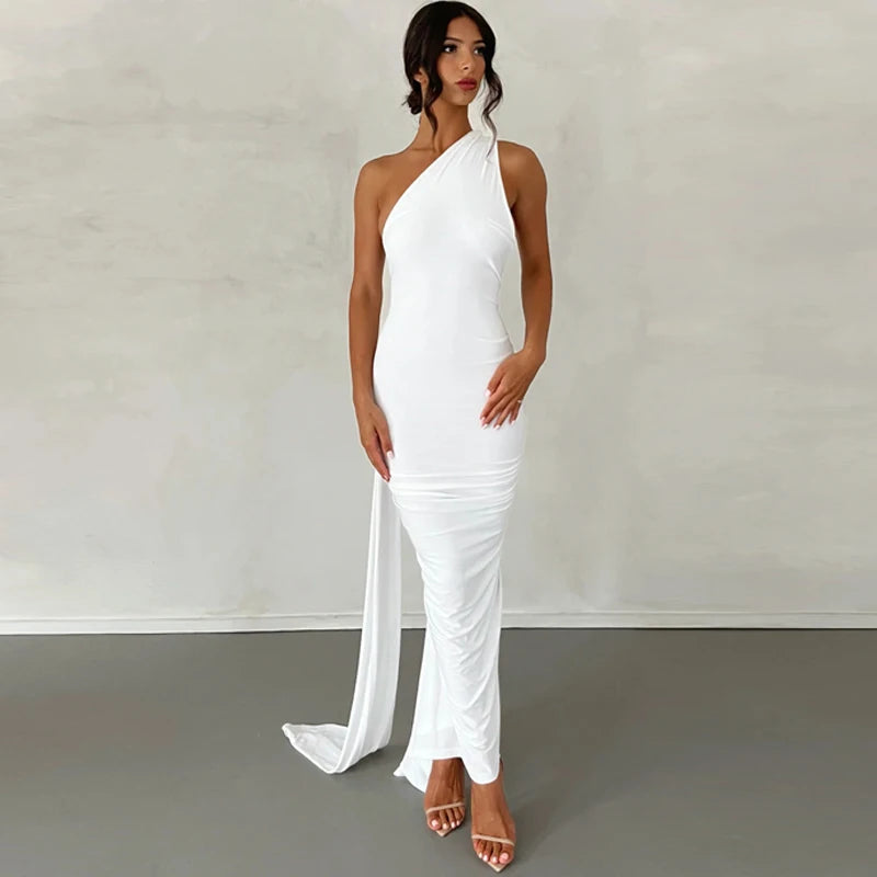 Hugcitar One Shoulder Backless Adjustable Scarf Loop Ruched Sexy Maxi Dress 2025 Women Elegant Y2K Streetwear Festival Outfit